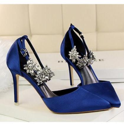 Luxury Crystal Ankle Strap Design Pointed Toe High..