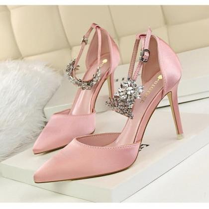 Luxury Crystal Ankle Strap Design Pointed Toe High..