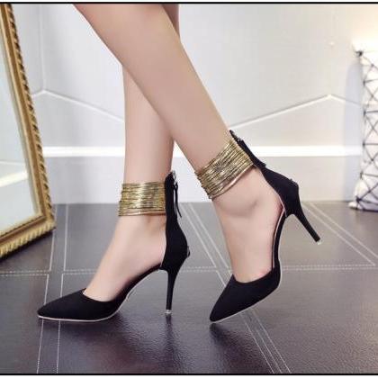 Sexy Ankle Strap Pointed Toe Zip Up Back High..