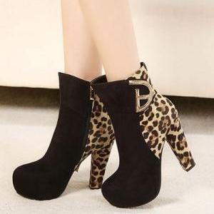 Black With Leopard Print Chunky Heel Boots