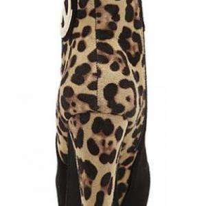 Black With Leopard Print Chunky Heel Boots