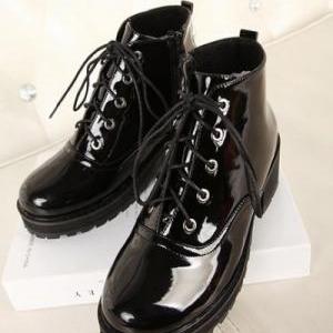 Lace-Up Patent Leather Cleated Ankl..