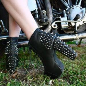 Studded Lace Up Black Ankle Boots