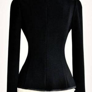 Fitted Chic Black Bow Knot Design Cotton Coat