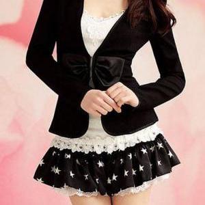 Fitted Chic Black Bow Knot Design Cotton Coat