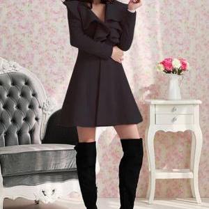 Vogue Ruffled Design Black Long Coat
