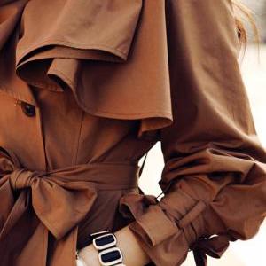 Elegant Brown Ruffled Double Breasted Trench Coat