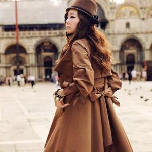 Elegant Brown Ruffled Double Breasted Trench Coat