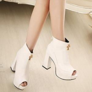 peep toe cross strap chunky heeled boots