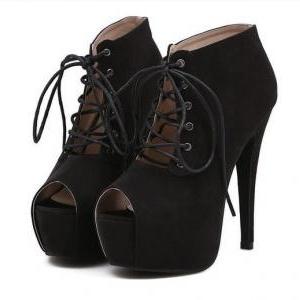 black patent peep toe heels