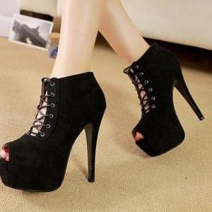 black lace up peep toe heels