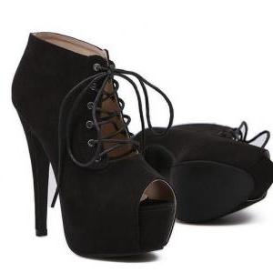 black lace up peep toe heels