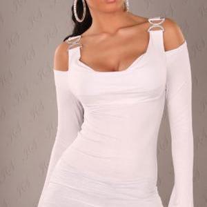 Sexy Rhinestone Off Shoulder White Long Sleeve Top