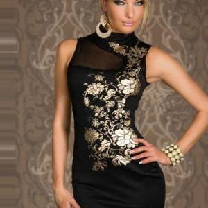 Mandarin Collar Floral Print Black Dress