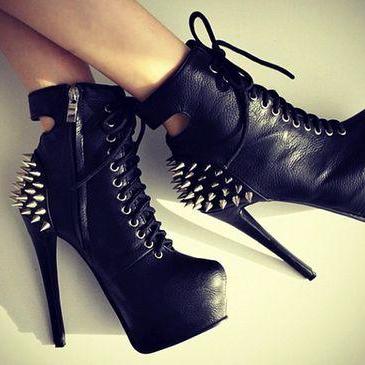 Black Rivets Lace Up High Heel Boots
