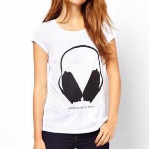 Cute Head Phone Printed White Cotton T Shirt