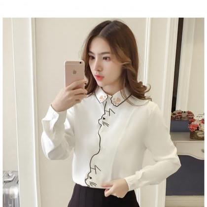 Cat Embroidery White Blouse