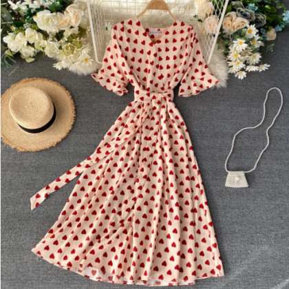 Vintage Heart Print Long Dress