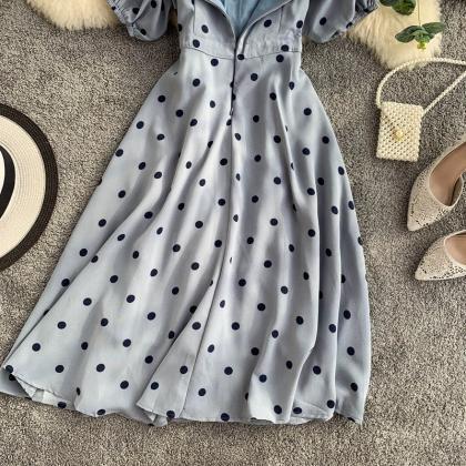 Vintage Polka Dot Print Blue Dress