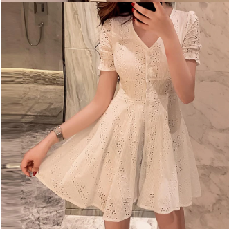 V Neck Casual White Lace Summer Dress