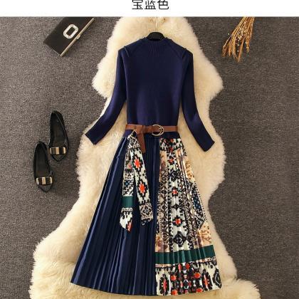 Elegant Pleated Long Sleeve Midi Dress