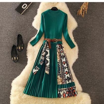 Elegant Pleated Long Sleeve Midi Dress