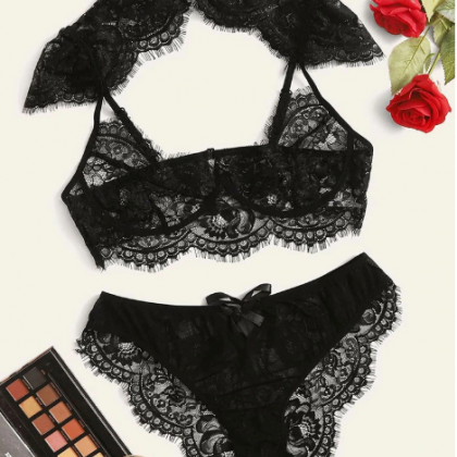 Black Floral Lace Bra Lingerie Set