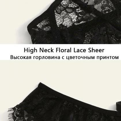 Black Floral Lace Bra Lingerie Set