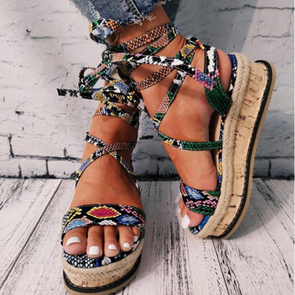 Summer Lace Up Snake Pattern Wedge Sandals