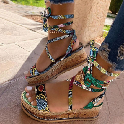 Summer Lace Up Snake Pattern Wedge Sandals