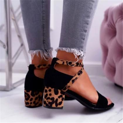 Leopard Print Mid Heels Women Summer Sandals