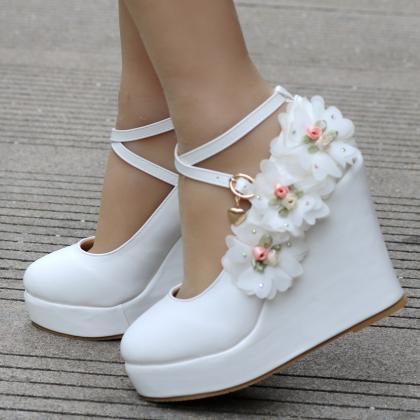 White Floral Lace Wedge Shoes
