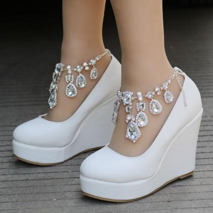Elegant Crystals Ankle Strap White Wedge Fashion..