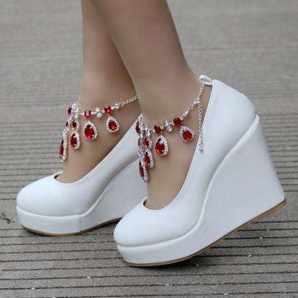 Elegant Crystals Ankle Strap White Wedge Fashion..