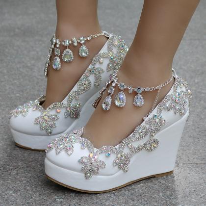 Crystal Rhinestones White Party And Wedding Wedge..
