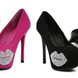 Sexy Diamante Rose Pink And Black High Heel Pumps