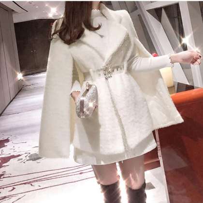 White Elegant Velvet Faux Fur Winter Coat