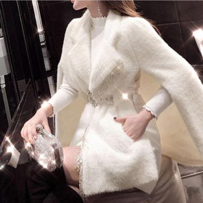 White Elegant Velvet Faux Fur Winter Coat