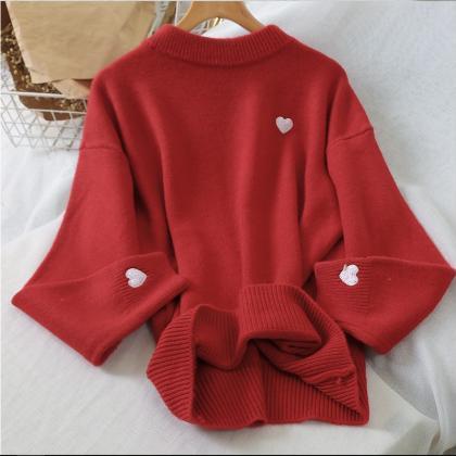 Heart Embroidery O Neck Pullover Over Sized..