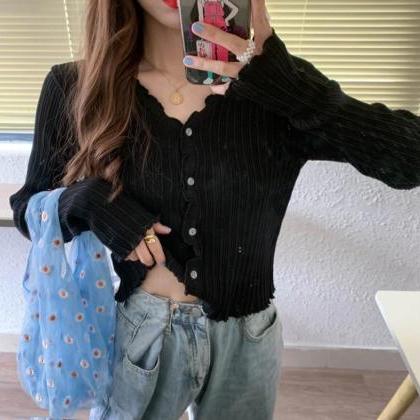 V-neck Knitted Casual Ruched Short Sweaters..