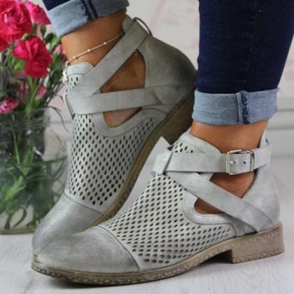 Cut Out Low Heel PU Leather Ankle B..