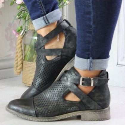 Cut Out Low Heel PU Leather Ankle B..