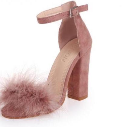 Ankle Strap High Heels Faux Fur Fashion Sandals