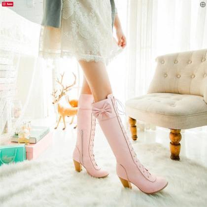 Winter Sweet Style Lace Up Boots With Bow