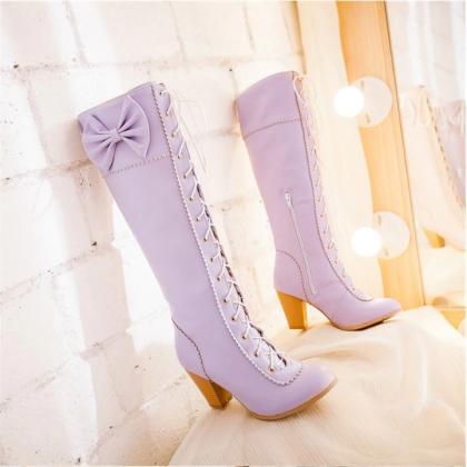 Winter Sweet Style Lace Up Boots With Bow