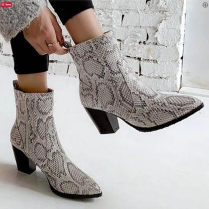 Snake Print Pointed Toe Ankle Boots