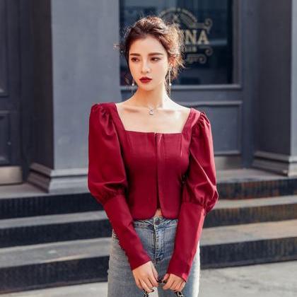 Square Collar Chic Red Long Sleeve Blouse