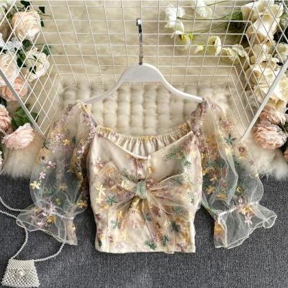 Beautiful Floral Embroidery Mesh Blouse