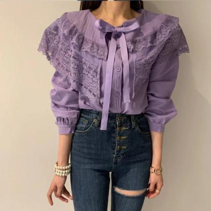 Lace Ruffles Bow Patchwork Long Sleeve Purple And..
