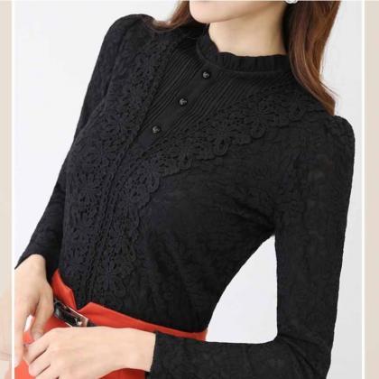 Black And Pink Long Sleeve Lace Blouse